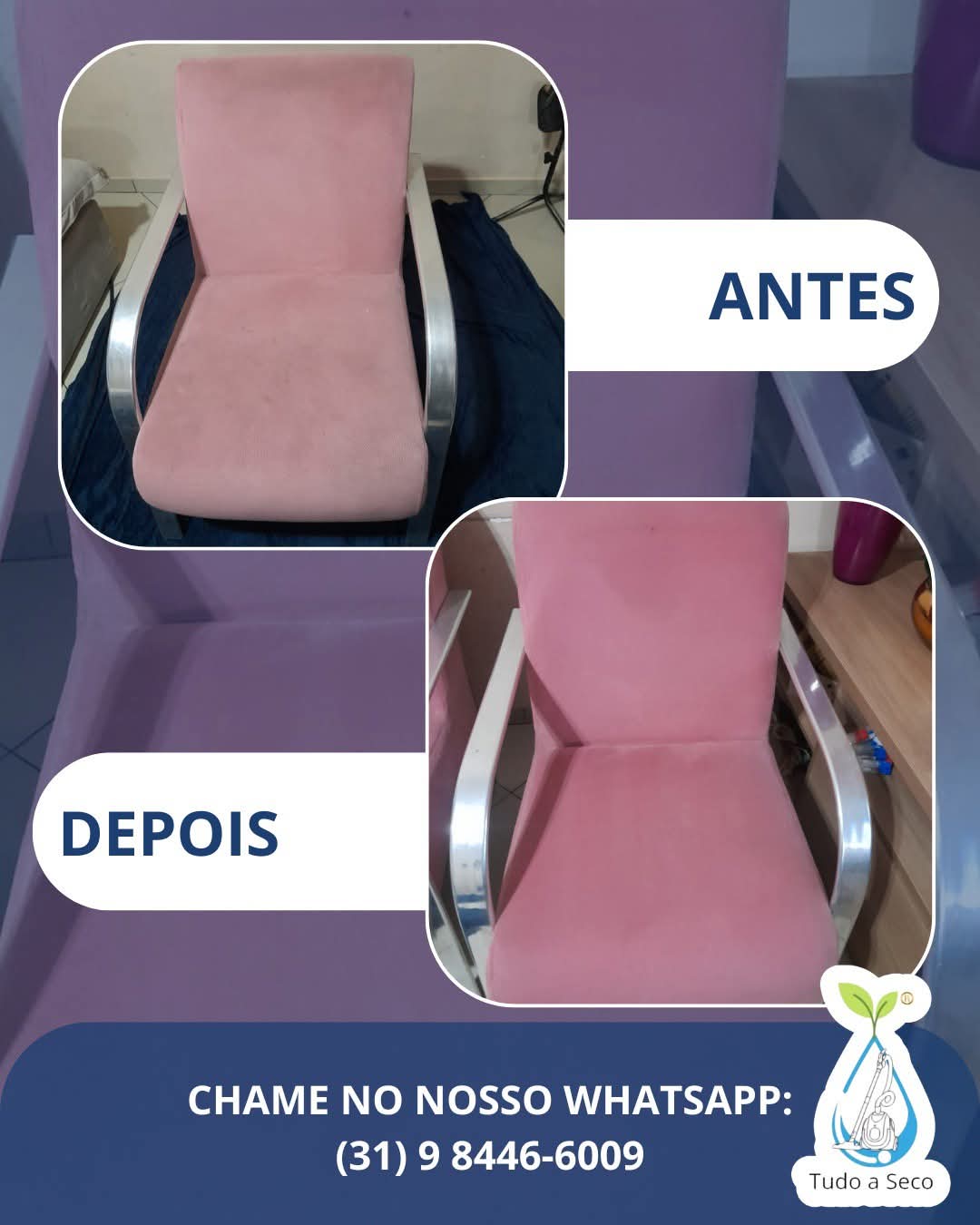Antes e depois de poltrona higienizada